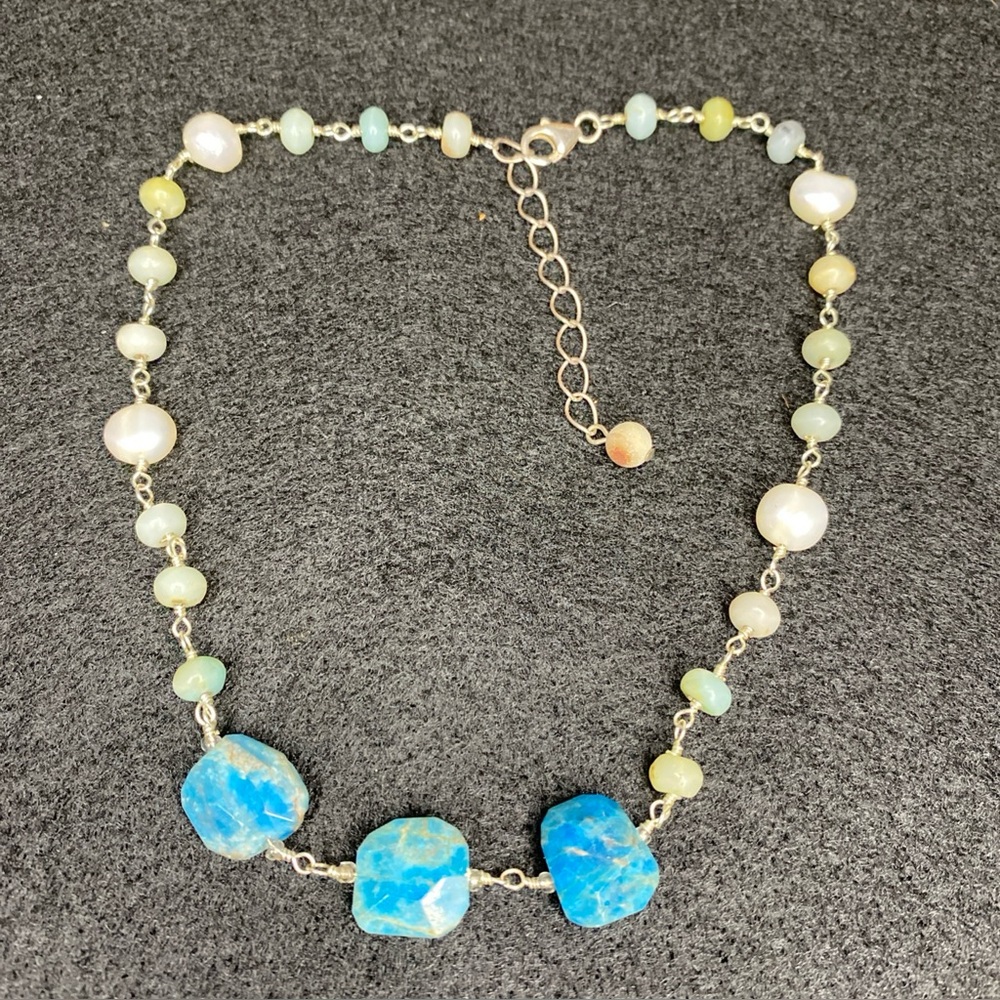 Cut Apatite Crystal Necklace With Freshwater Pearls And Multi Gemstones 925 READ